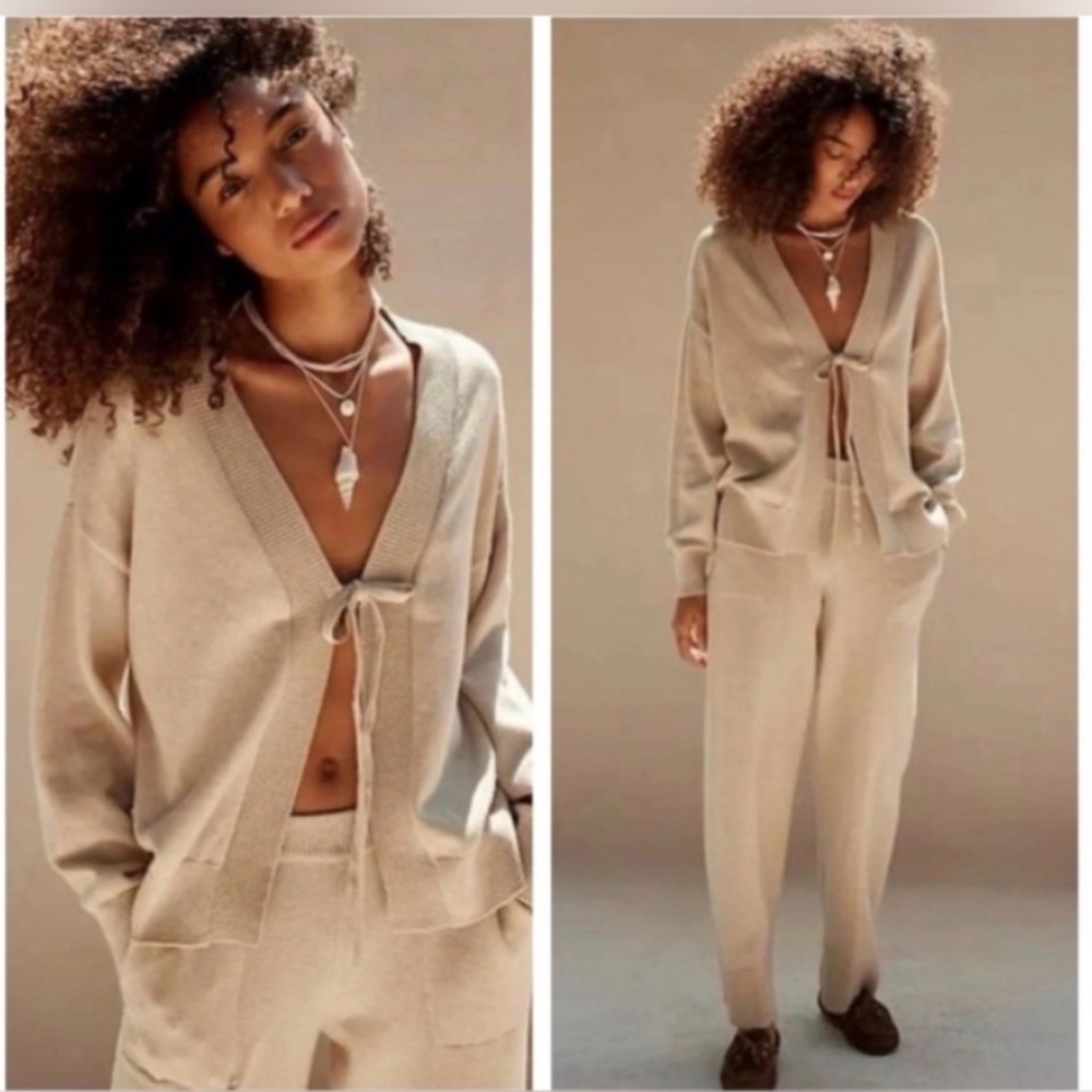 EUC Free People Beach Solar Cardigan Sweater Pant Set Oatmeal Heather Size XS